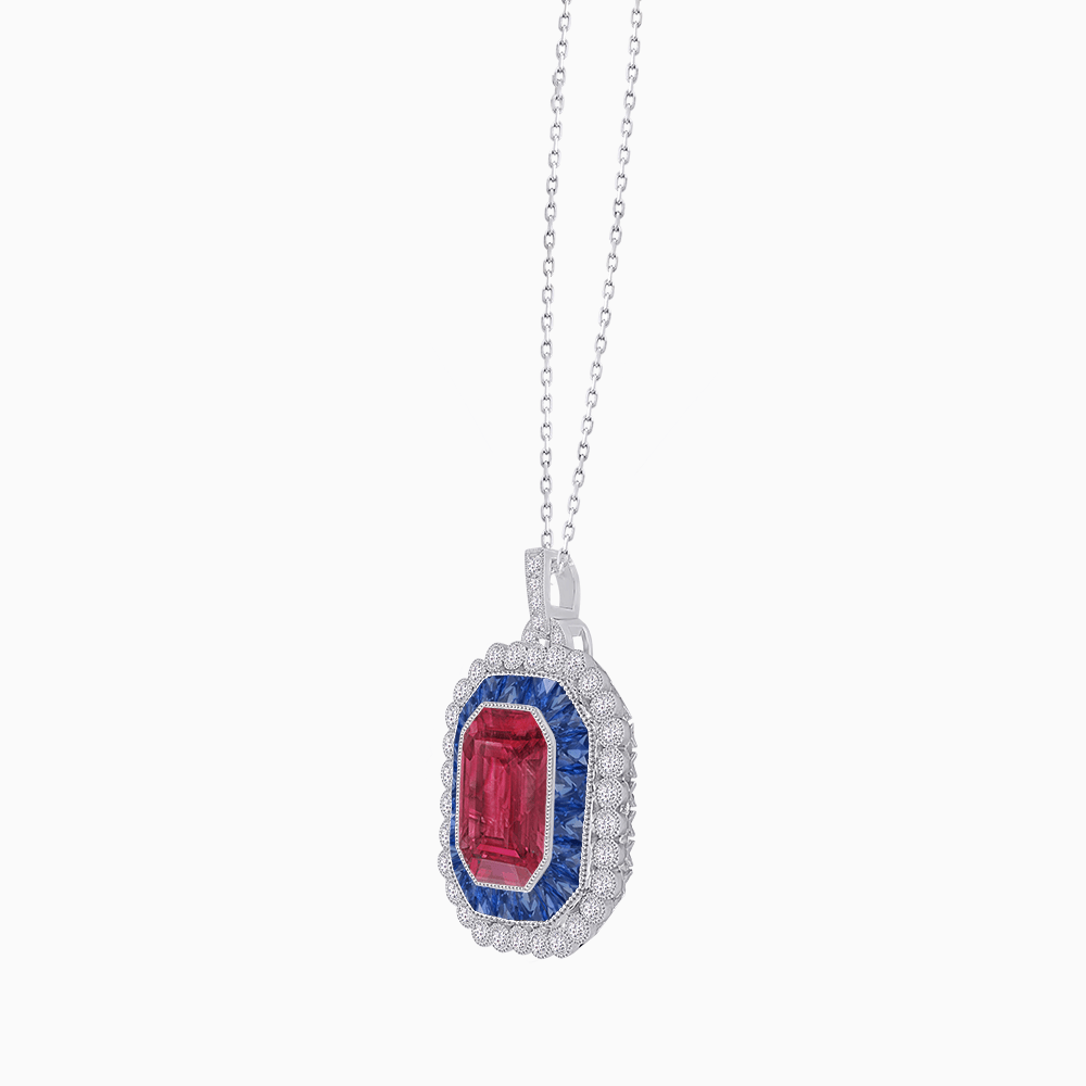 Emerald-Cut Art Deco Style Double Halo Mounting Pendant with Diamond and Gemstones - Shahin Jewelry