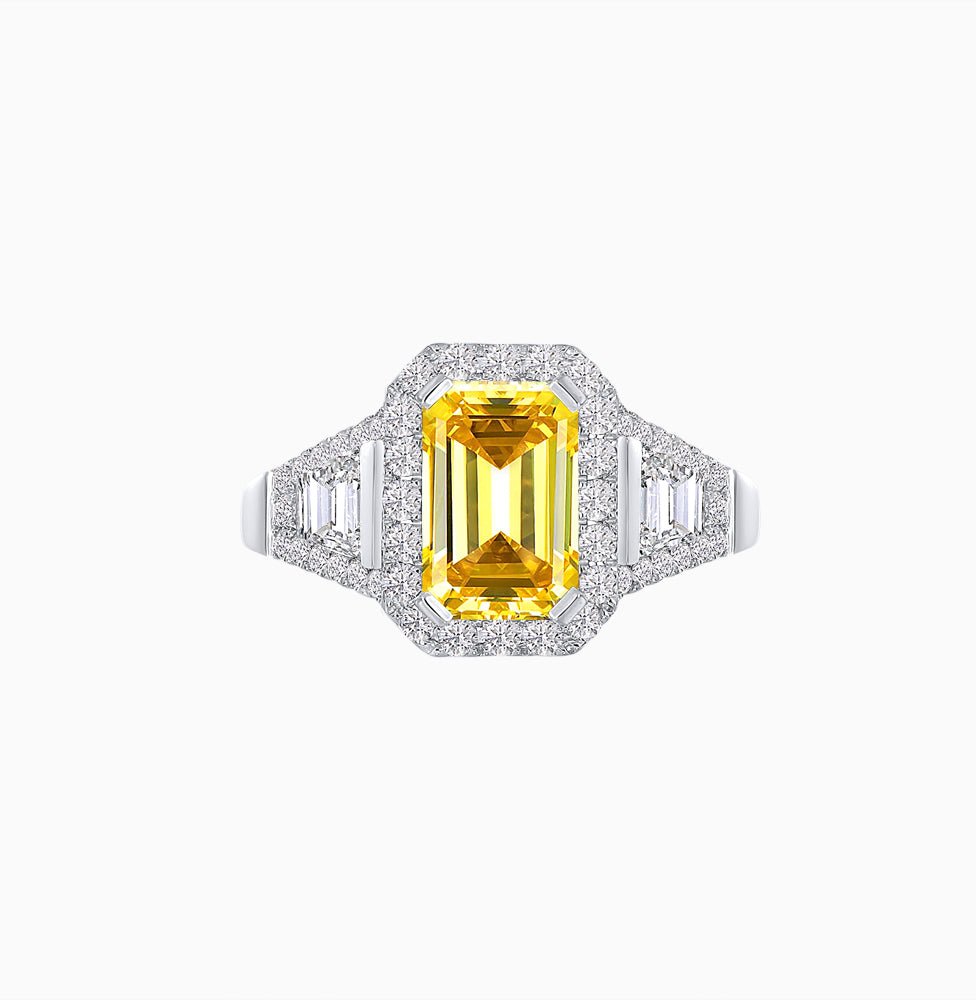 Emerald-Cut Diamond Halo Cocktail Ring with Baguette Accents - Shahin Jewelry