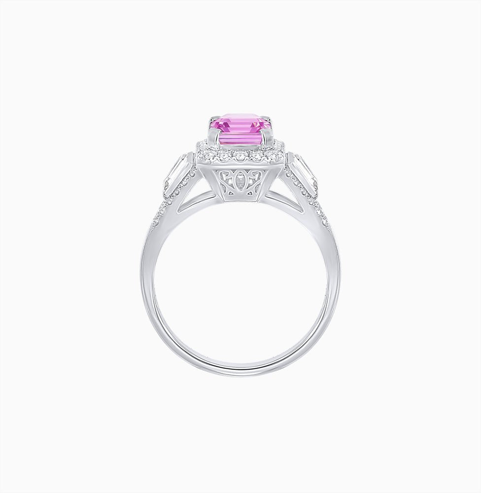 Emerald-Cut Diamond Halo Cocktail Ring with Baguette Accents - Shahin Jewelry