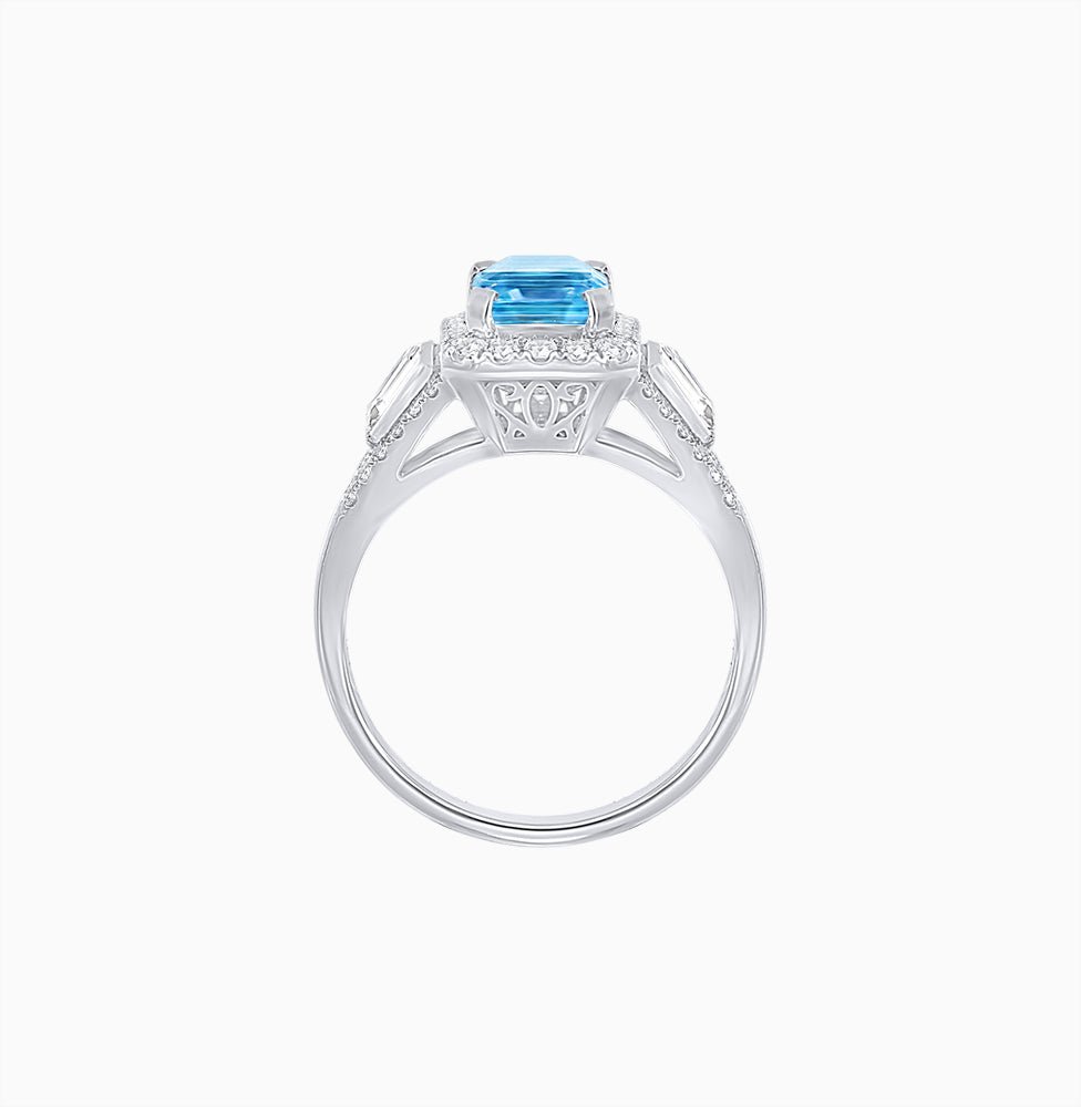 Emerald-Cut Diamond Halo Cocktail Ring with Baguette Accents - Shahin Jewelry