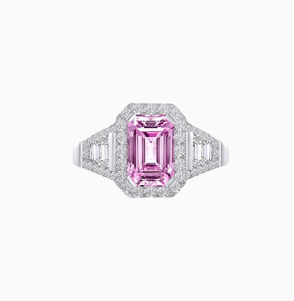 Emerald-Cut Diamond Halo Cocktail Ring with Baguette Accents - Shahin Jewelry