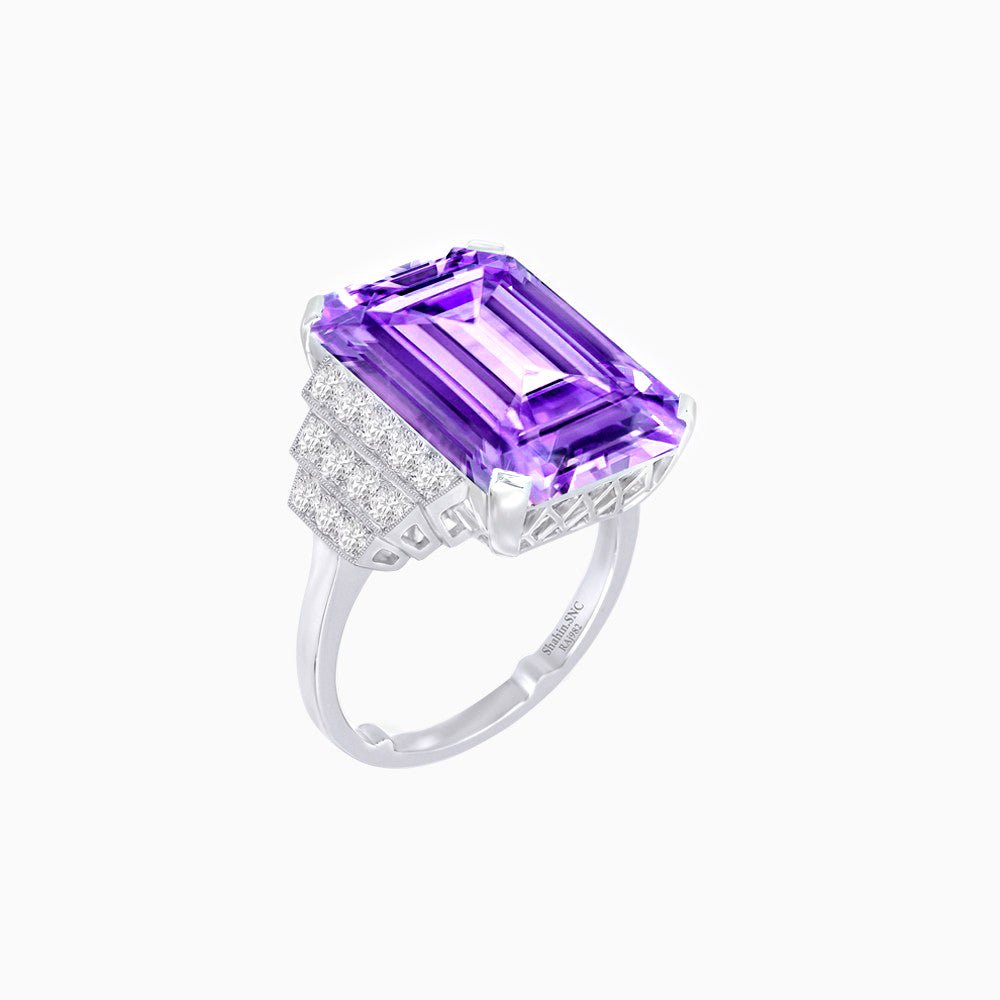 Emerald Cut Gemstone Ring with Step-Down Diamond Shoulders - Shahin Jewelry