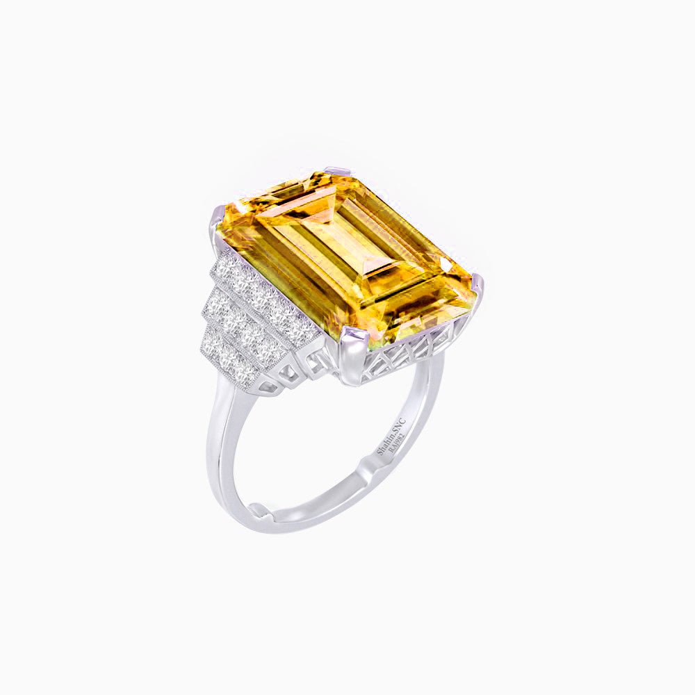 Emerald Cut Gemstone Ring with Step-Down Diamond Shoulders - Shahin Jewelry