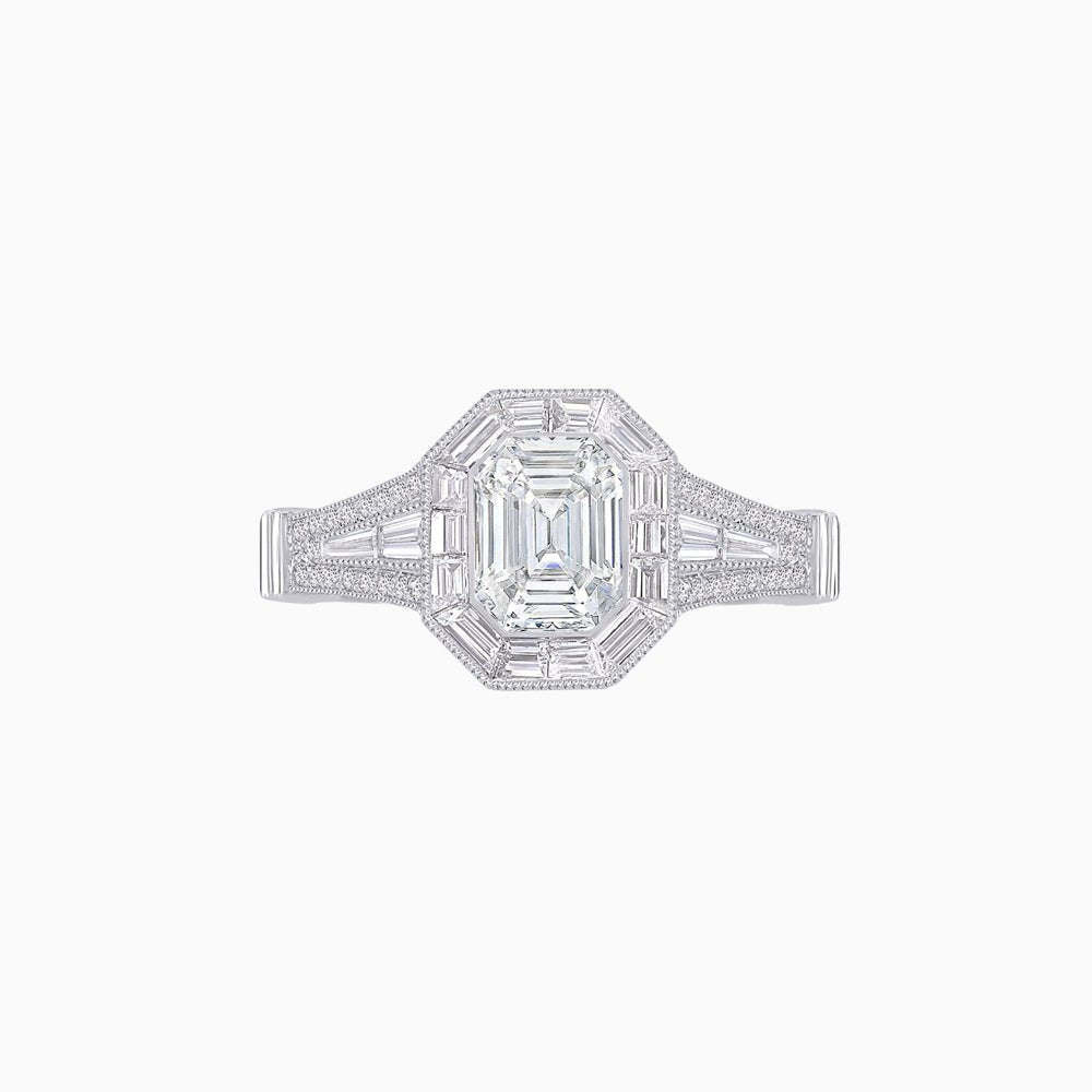 Emerald Cut Halo Mounting Ring with Baguette & Round Diamonds - Shahin Jewelry