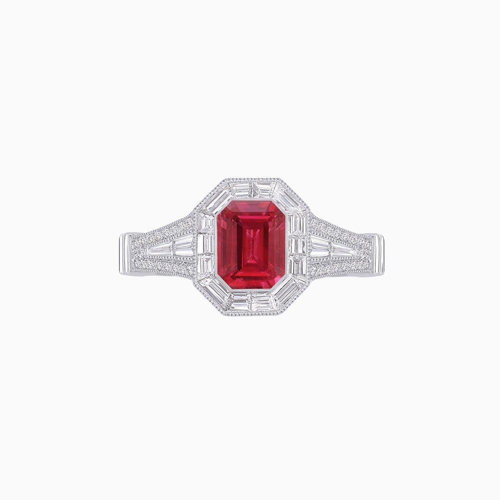 Emerald Cut Halo Mounting Ring with Baguette & Round Diamonds - Shahin Jewelry