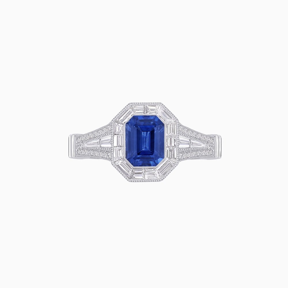 Emerald Cut Halo Mounting Ring with Baguette & Round Diamonds - Shahin Jewelry