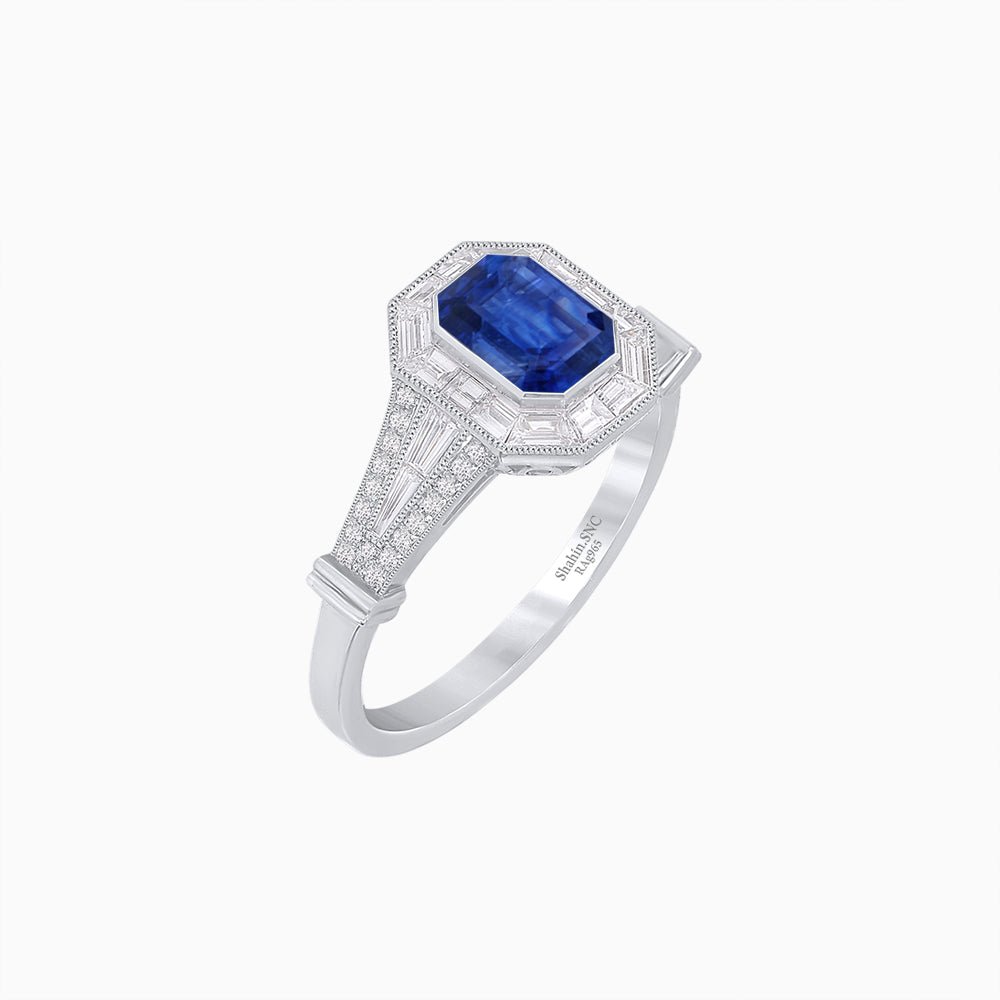 Emerald Cut Halo Mounting Ring with Baguette & Round Diamonds - Shahin Jewelry