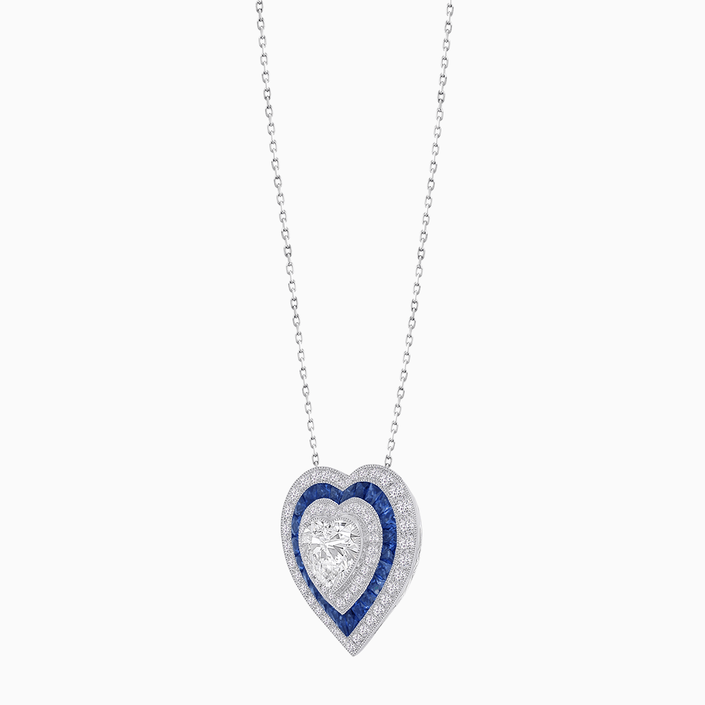 Exquisite Triple Halo Heart-Shaped Diamond and Sapphire Pendant | Bezel Setting | Mounting | Without Chain - Shahin Jewelry