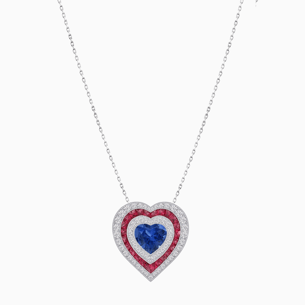 Exquisite Triple Halo Heart-Shaped Diamond and Sapphire Pendant | Bezel Setting | Mounting | Without Chain - Shahin Jewelry