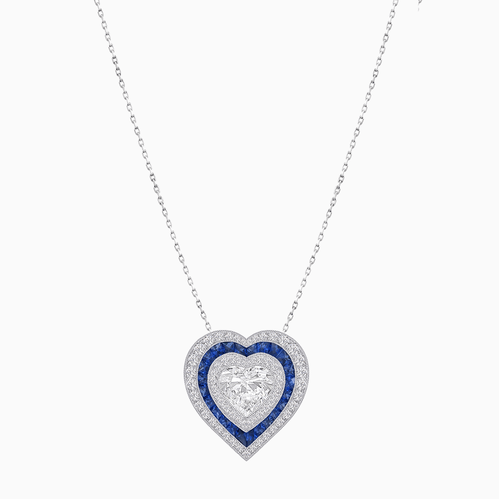 Exquisite Triple Halo Heart-Shaped Diamond and Sapphire Pendant | Bezel Setting | Mounting | Without Chain - Shahin Jewelry