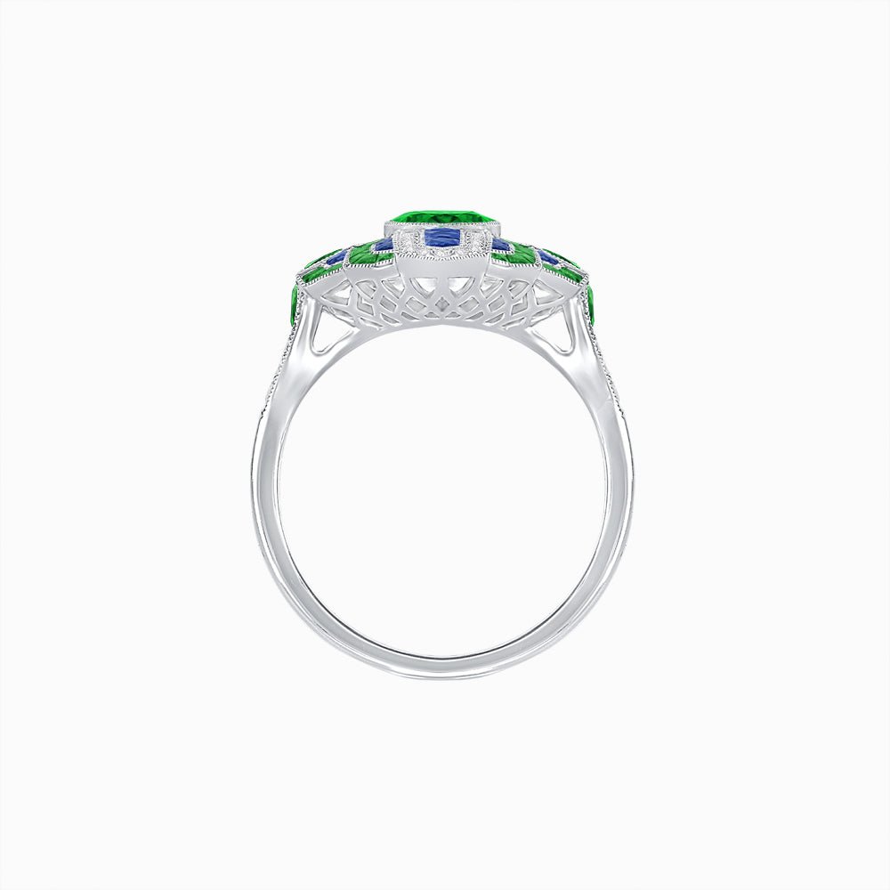 Geometric Art Deco-Style Ring with French-Cut Accents Custom Center Stone Mounting | Hand-Applied Milgrain Detailing - Shahin Jewelry