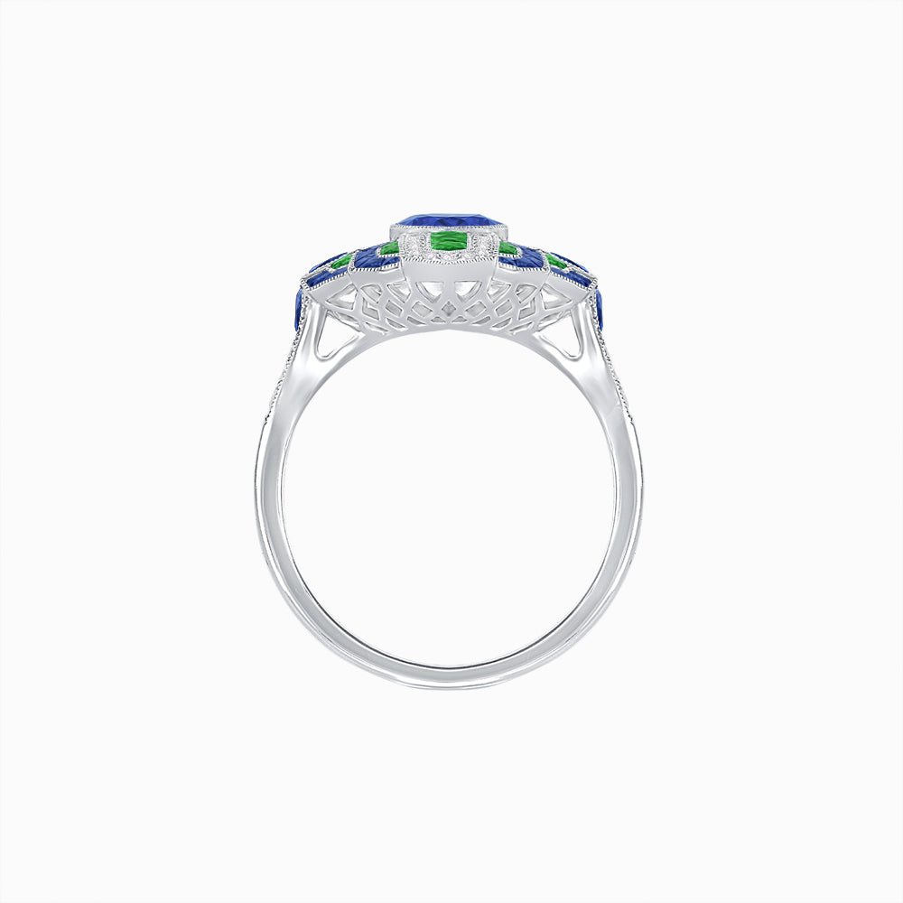 Geometric Art Deco-Style Ring with French-Cut Accents Custom Center Stone Mounting | Hand-Applied Milgrain Detailing - Shahin Jewelry