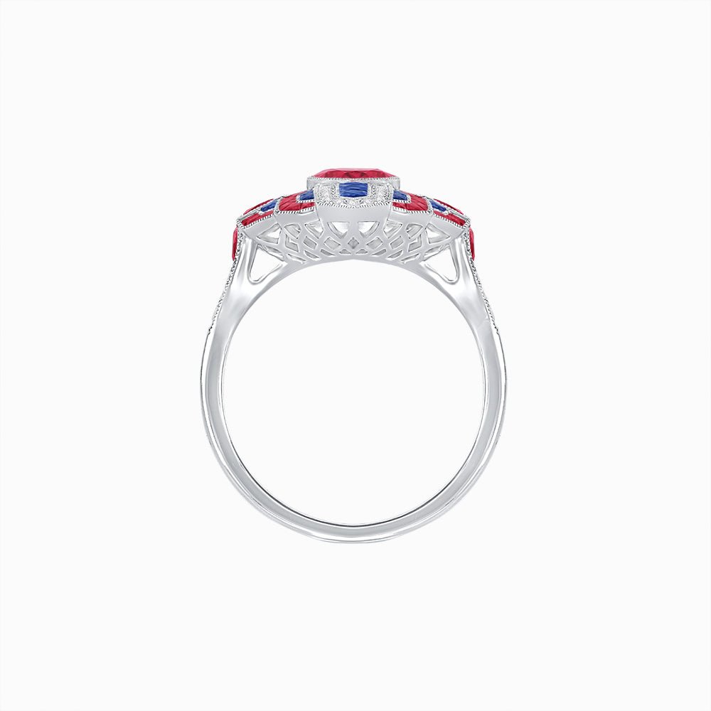 Geometric Art Deco-Style Ring with French-Cut Accents Custom Center Stone Mounting | Hand-Applied Milgrain Detailing - Shahin Jewelry