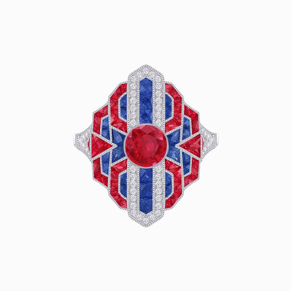 Geometric Art Deco-Style Ring with French-Cut Accents Custom Center Stone Mounting | Hand-Applied Milgrain Detailing - Shahin Jewelry