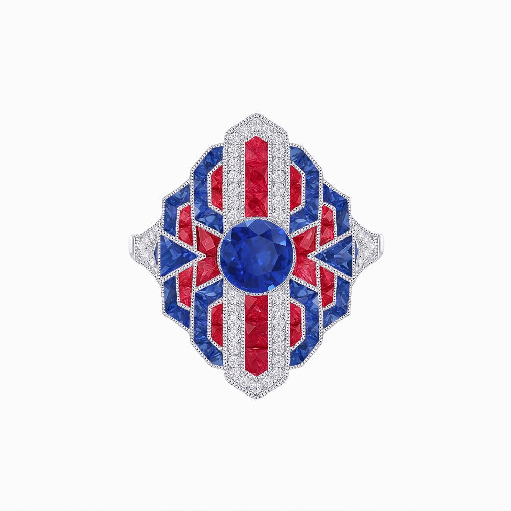 Geometric Art Deco-Style Ring with French-Cut Accents Custom Center Stone Mounting | Hand-Applied Milgrain Detailing - Shahin Jewelry