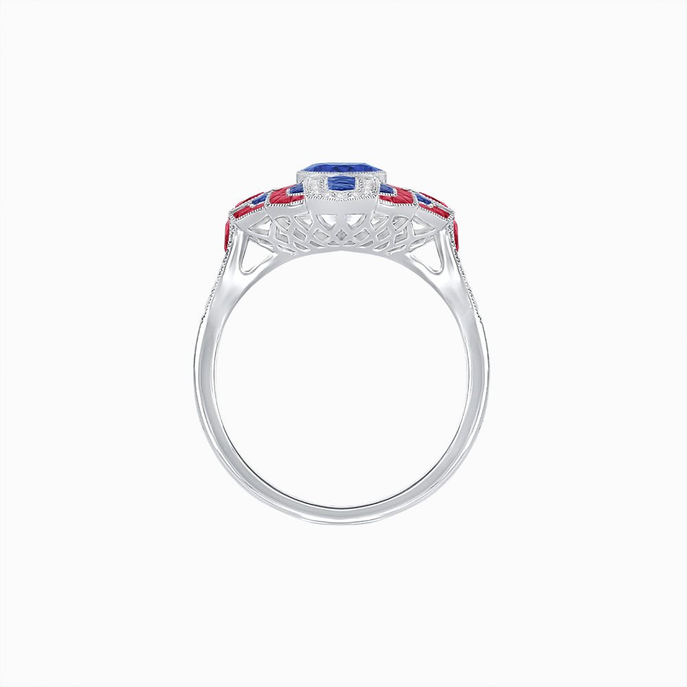 Geometric Art Deco-Style Ring with French-Cut Accents Custom Center Stone Mounting | Hand-Applied Milgrain Detailing - Shahin Jewelry