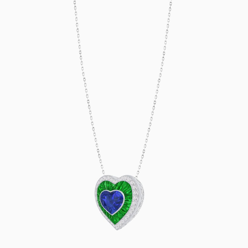 Heart Shape Double Halo Pendant with Diamond and Gemstone | Bezel Setting | Mounting | Without Chain - Shahin Jewelry