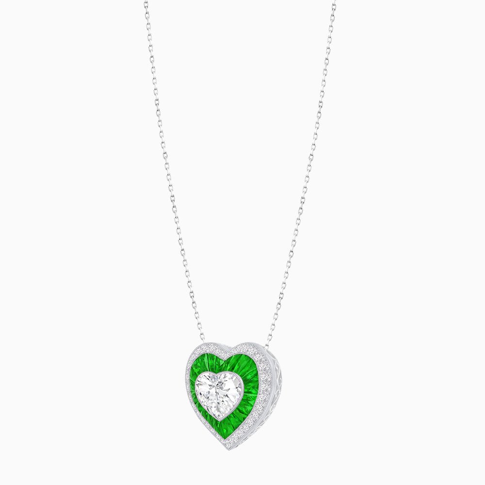 Heart Shape Double Halo Pendant with Diamond and Gemstone | Bezel Setting | Mounting | Without Chain - Shahin Jewelry