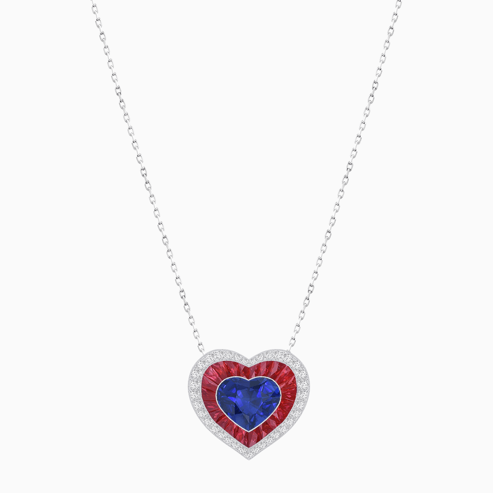 Heart Shape Double Halo Pendant with Diamond and Gemstone | Bezel Setting | Mounting | Without Chain - Shahin Jewelry