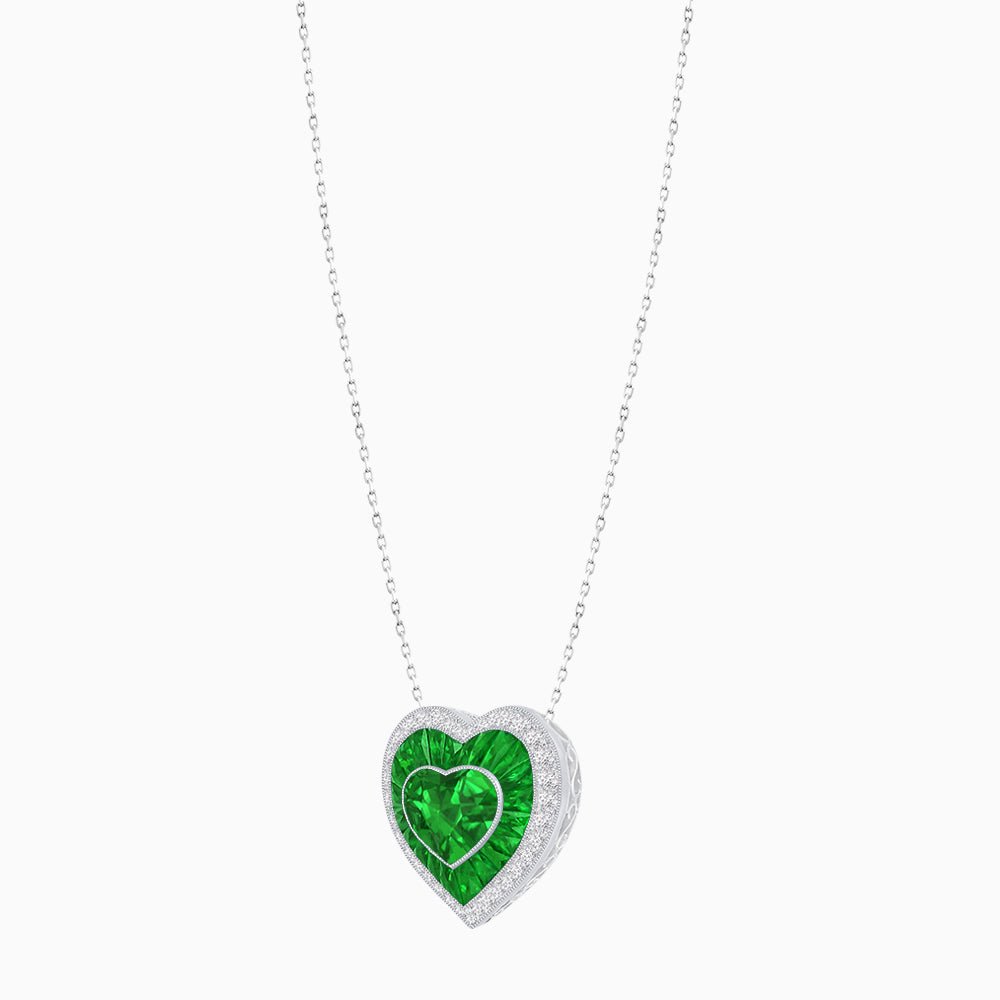 Heart Shape Double Halo Pendant with Diamond and Gemstone | Bezel Setting | Mounting | Without Chain - Shahin Jewelry