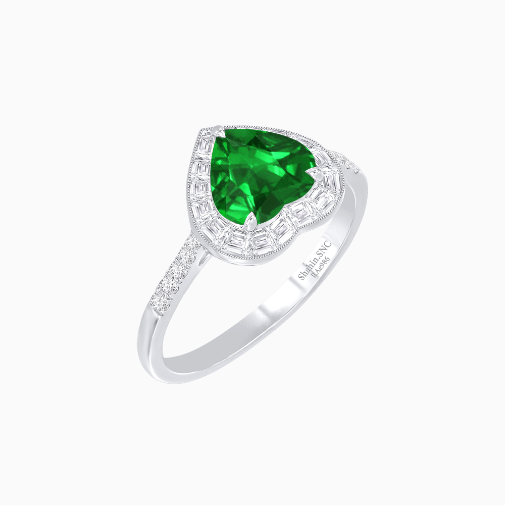 Heart Shape Ring with Baguette Diamond Halo and Diamond Accents - Shahin Jewelry