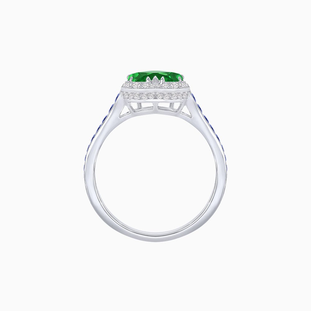 Heart Shape Ring with Diamond Halo and French-Cut Gemstone Shoulder Accents - Shahin Jewelry
