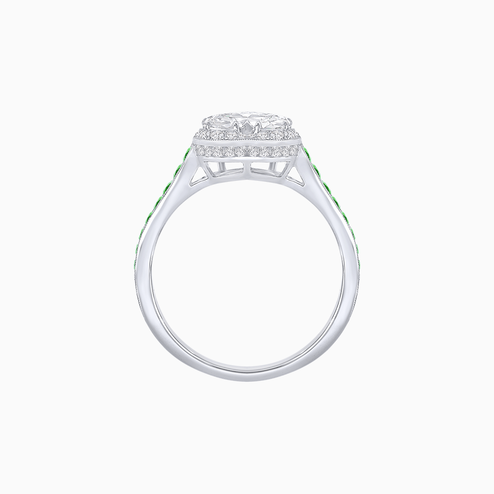 Heart Shape Ring with Diamond Halo and French-Cut Gemstone Shoulder Accents - Shahin Jewelry