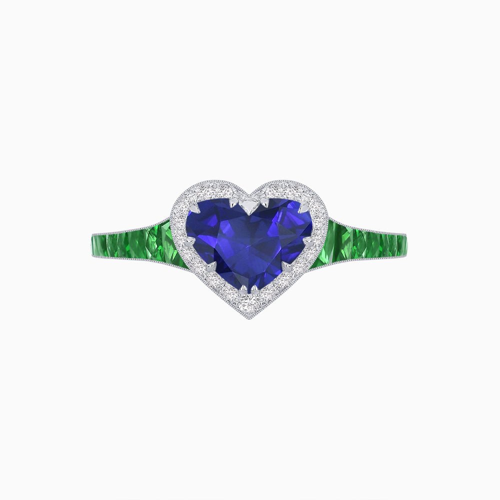 Heart Shape Ring with Diamond Halo and French-Cut Gemstone Shoulder Accents - Shahin Jewelry