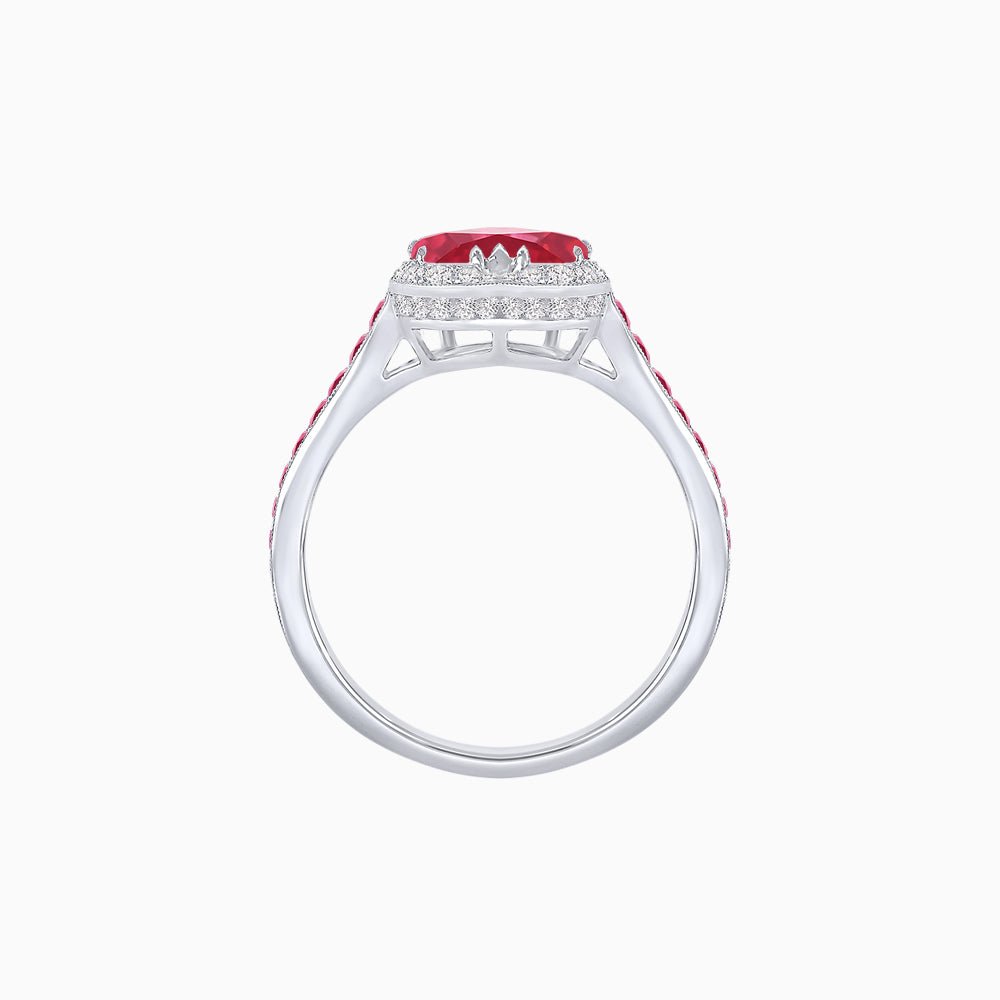 Heart Shape Ring with Diamond Halo and French-Cut Gemstone Shoulder Accents - Shahin Jewelry