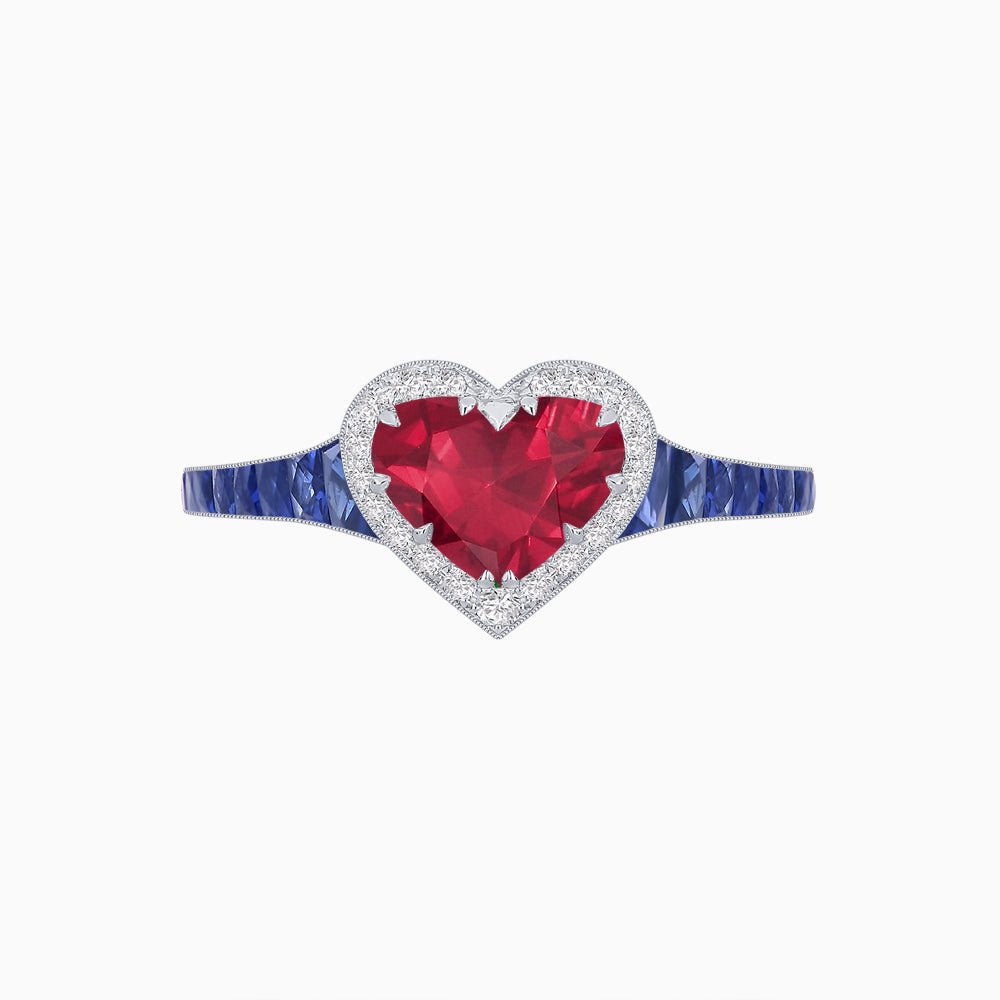 Heart Shape Ring with Diamond Halo and French-Cut Gemstone Shoulder Accents - Shahin Jewelry