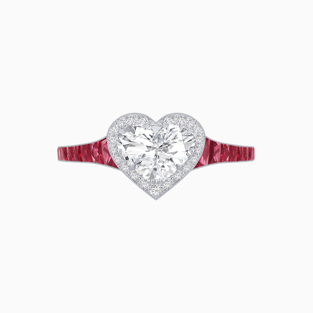 Heart Shape Ring with Diamond Halo and French-Cut Gemstone Shoulder Accents - Shahin Jewelry