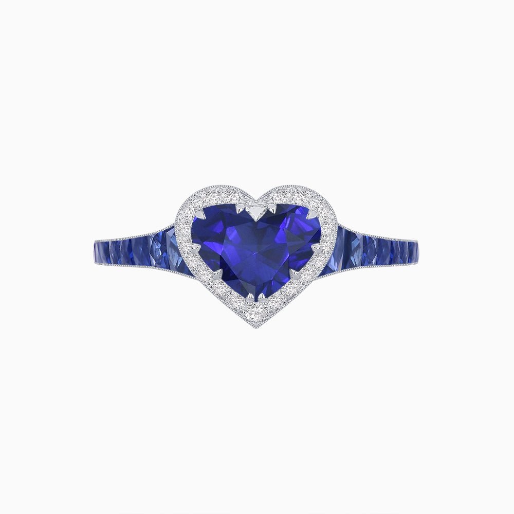Heart Shape Ring with Diamond Halo and French-Cut Gemstone Shoulder Accents - Shahin Jewelry