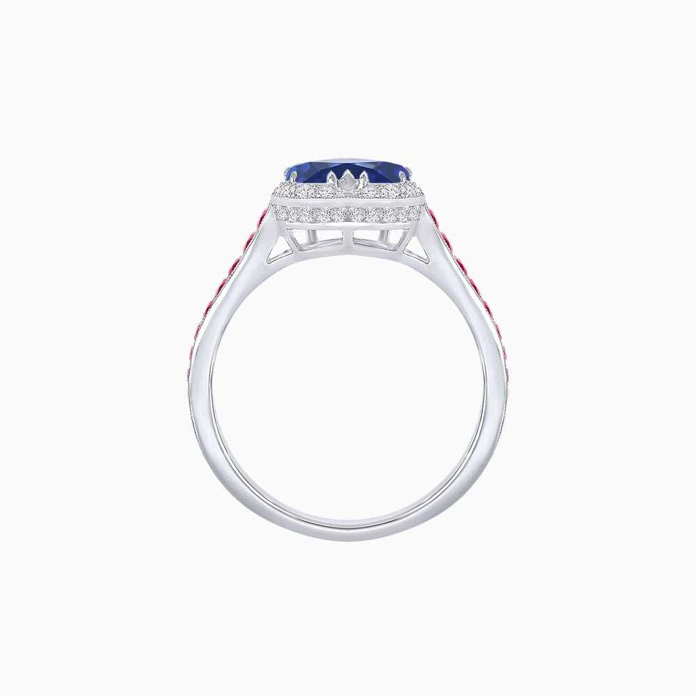 Heart Shape Ring with Diamond Halo and French-Cut Gemstone Shoulder Accents - Shahin Jewelry