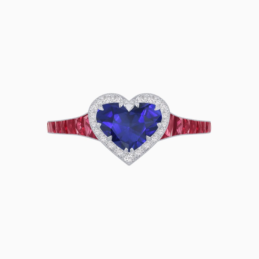 Heart Shape Ring with Diamond Halo and French-Cut Gemstone Shoulder Accents - Shahin Jewelry