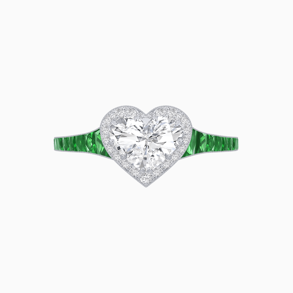 Heart Shape Ring with Diamond Halo and French-Cut Gemstone Shoulder Accents - Shahin Jewelry