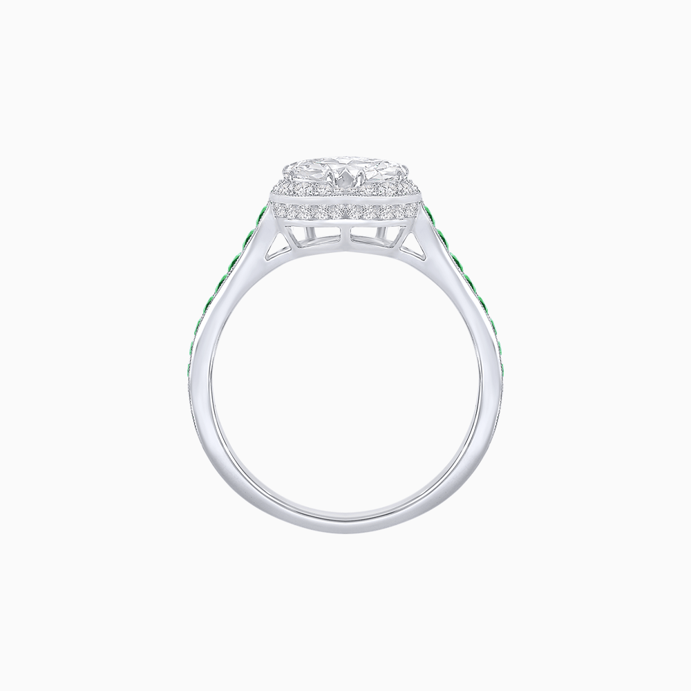 Heart Shape Ring with Diamond Halo and French-Cut Gemstone Shoulder Accents - Shahin Jewelry