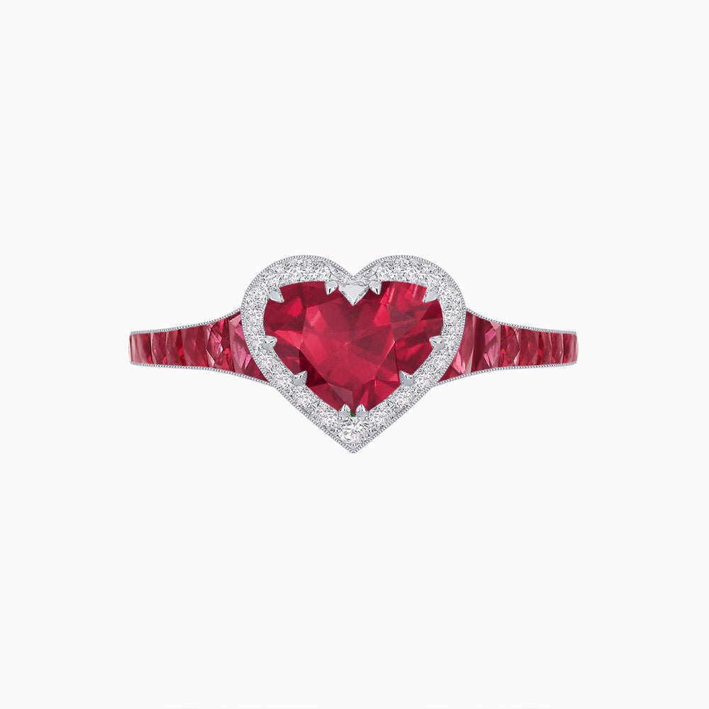 Heart Shape Ring with Diamond Halo and French-Cut Gemstone Shoulder Accents - Shahin Jewelry