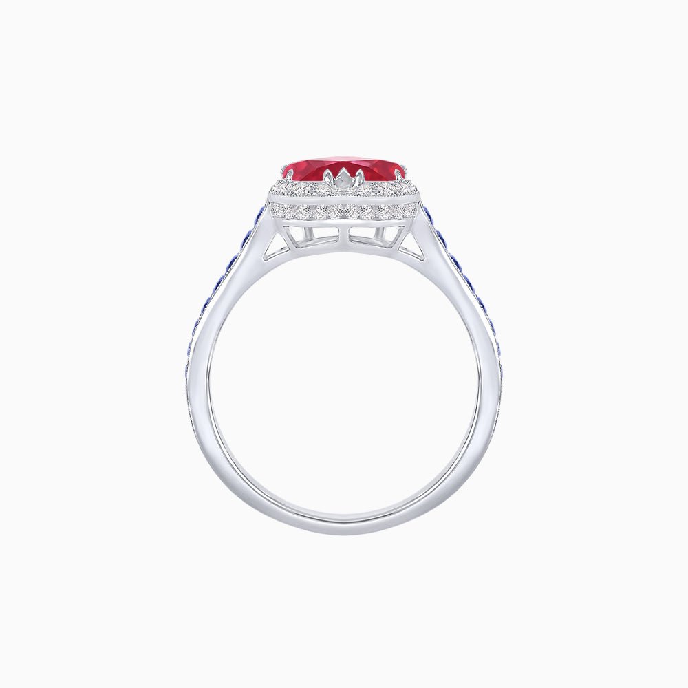 Heart Shape Ring with Diamond Halo and French-Cut Gemstone Shoulder Accents - Shahin Jewelry