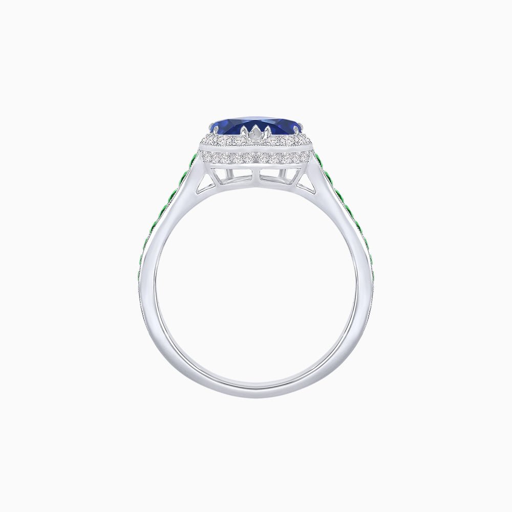 Heart Shape Ring with Diamond Halo and French-Cut Gemstone Shoulder Accents - Shahin Jewelry