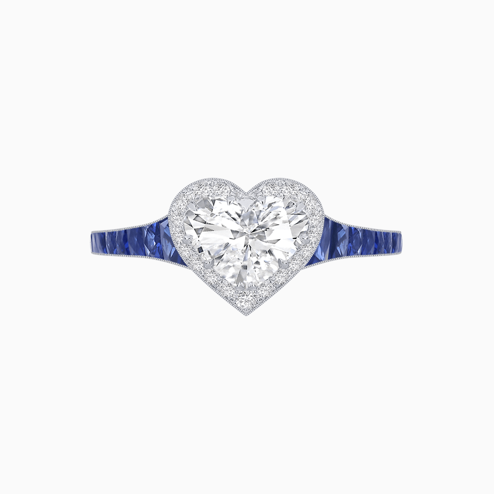 Heart Shape Ring with Diamond Halo and French-Cut Gemstone Shoulder Accents - Shahin Jewelry