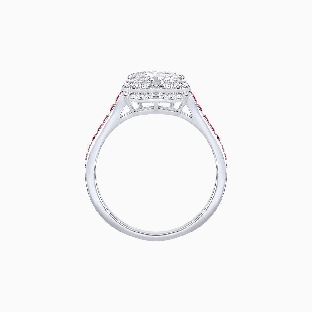 Heart Shape Ring with Diamond Halo and French-Cut Gemstone Shoulder Accents - Shahin Jewelry