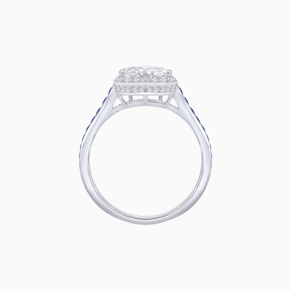 Heart Shape Ring with Diamond Halo and French-Cut Gemstone Shoulder Accents - Shahin Jewelry