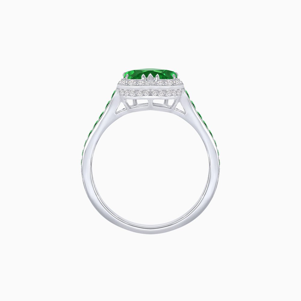 Heart Shape Ring with Diamond Halo and French-Cut Gemstone Shoulder Accents - Shahin Jewelry