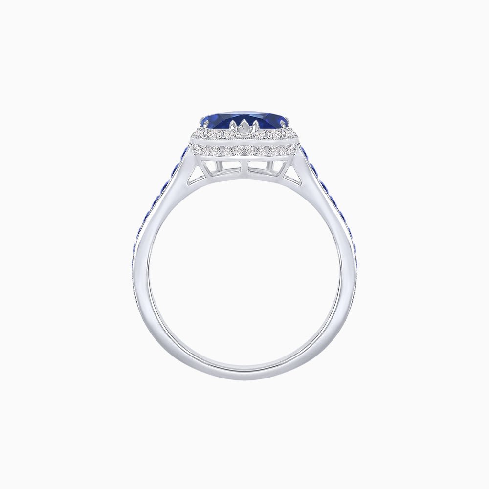 Heart Shape Ring with Diamond Halo and French-Cut Gemstone Shoulder Accents - Shahin Jewelry