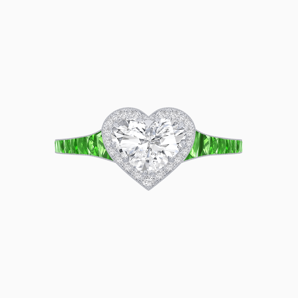 Heart Shape Ring with Diamond Halo and French-Cut Gemstone Shoulder Accents - Shahin Jewelry