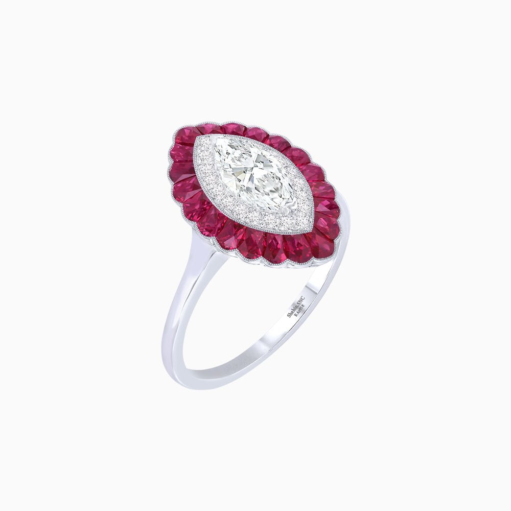 Marquise Cut Center Stone Double Halo Ring Mounting with Calibre Cut Gemstone Halo - Shahin Jewelry