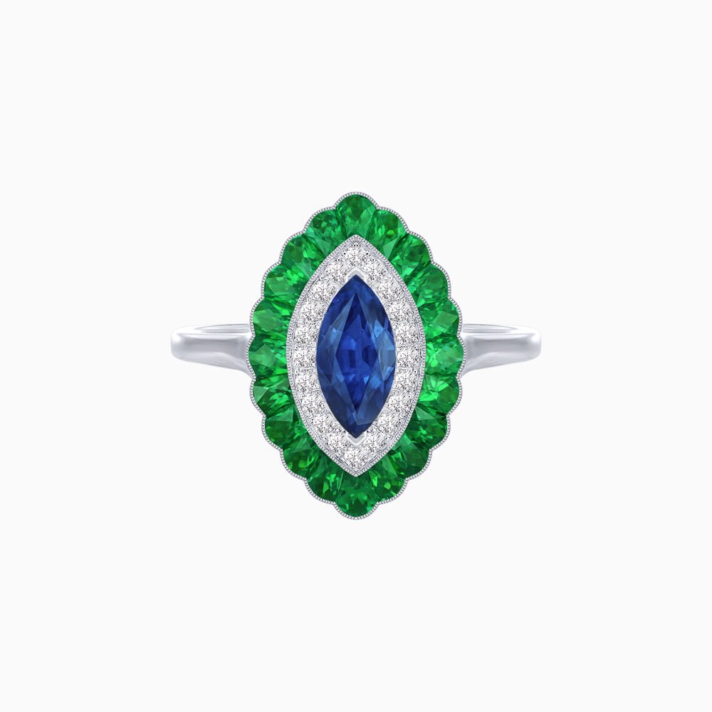 Marquise Cut Center Stone Double Halo Ring Mounting with Calibre Cut Gemstone Halo - Shahin Jewelry