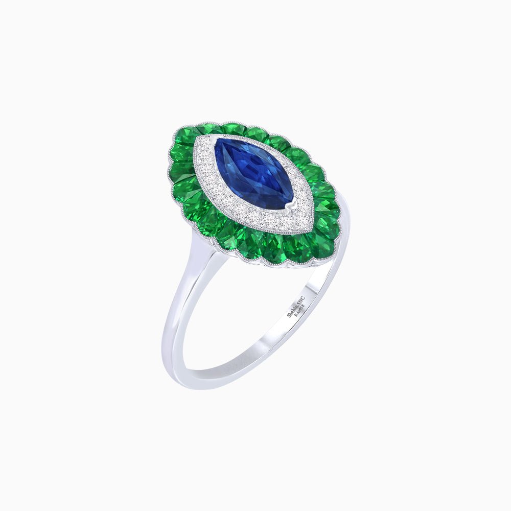 Marquise Cut Center Stone Double Halo Ring Mounting with Calibre Cut Gemstone Halo - Shahin Jewelry