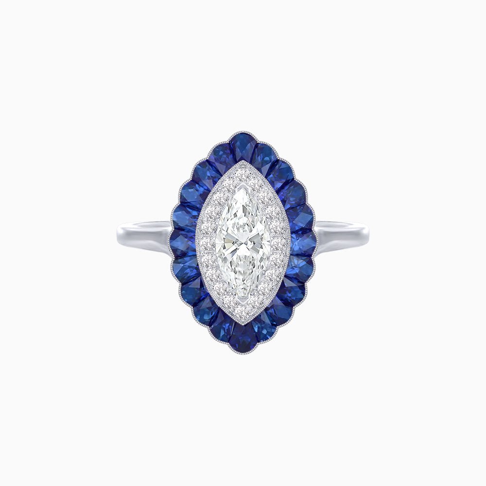 Marquise Cut Center Stone Double Halo Ring Mounting with Calibre Cut Gemstone Halo - Shahin Jewelry