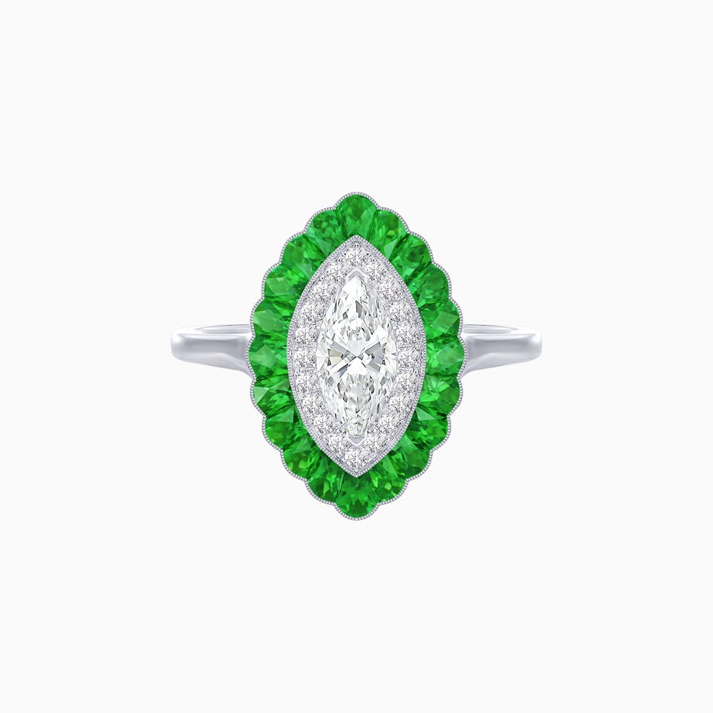 Marquise Cut Center Stone Double Halo Ring Mounting with Calibre Cut Gemstone Halo - Shahin Jewelry